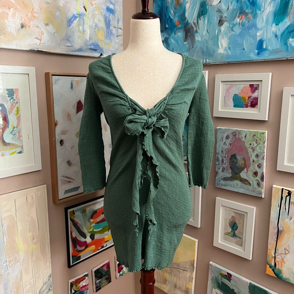Free People Kianni Green Tie Front Mini Dress Ruffle Fairy Boho Festival Size M